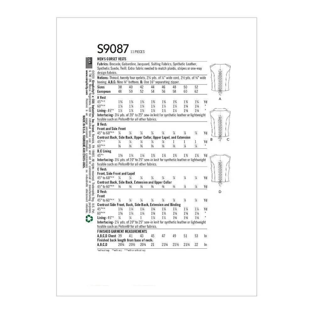 Simplicity Sewing Pattern 10545 9087‎ Mens Corset Vests Size 46-52